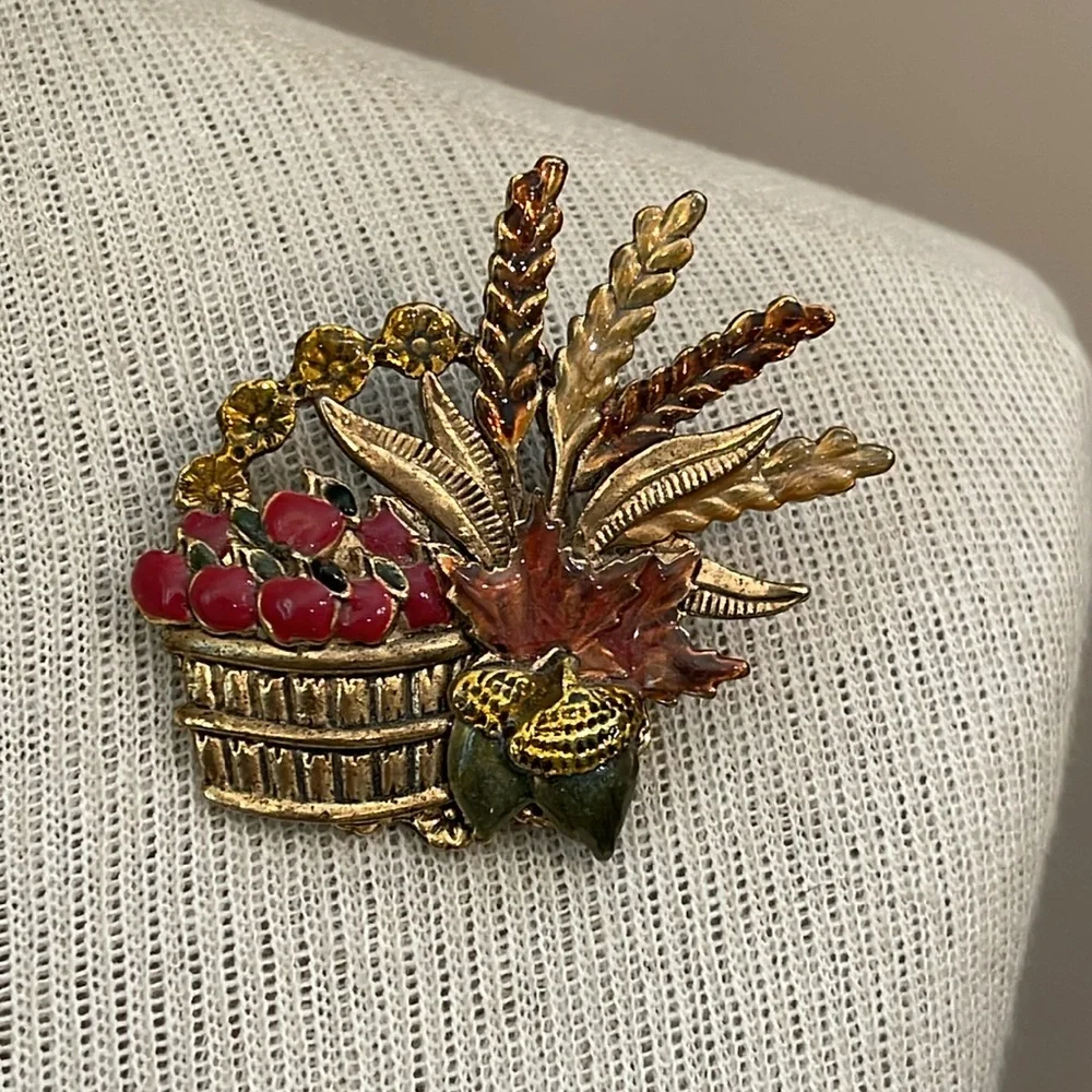Vintage Kenneth Cole Harvest Basket Brooch with Red and Gold Accents & Apples